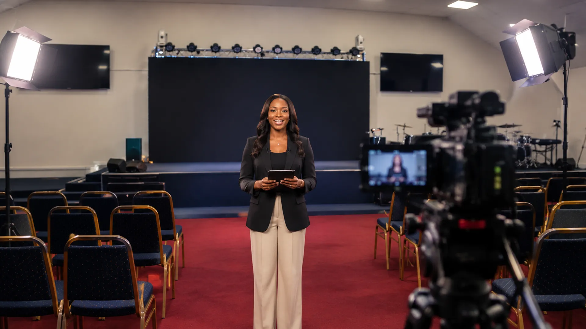 Presenter standing before a camera and studio lights recording content in the church auditorium.